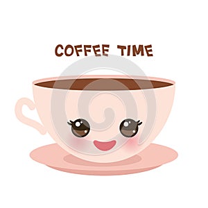 Cute pink Kawai cup, isolated on white background. Coffee time Banner template for your text, Card design. Vector