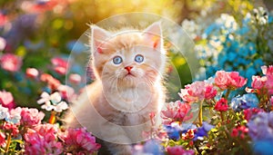 Cute pink kitten with blue eyes sitting in a flower sunny garden