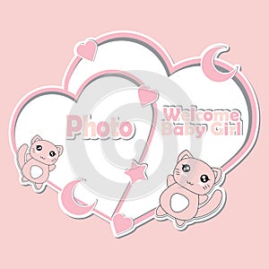 Cute pink kitten, stars, and moon on love frames suitable for Baby shower invitation