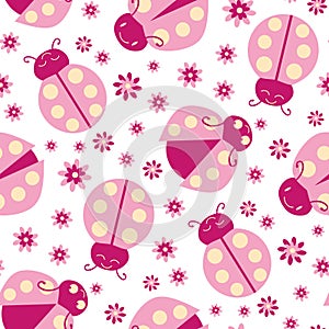 Cute pink ladybugs and flowers seamless vector pattern background. Kawaii carton ladybird characters with pretty florals