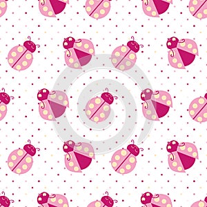Cute pink ladybugs seamless vector pattern background. Kawaii carton ladybird characters on polka dot backdrop