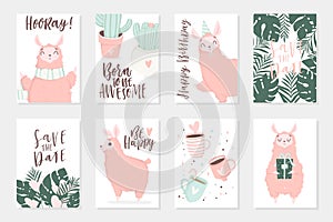 Cute pink lamas hand drawn illustrations. Set of 8 cute cards