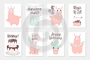 Cute pink lamas hand drawn illustrations. Set of 8 cute cards