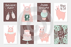 Cute pink lamas hand drawn illustrations. Set of 8 cute cards