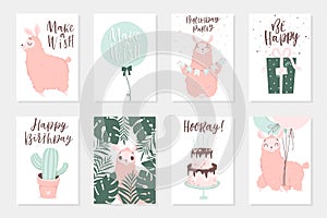 Cute pink lamas hand drawn illustrations. Set of 8 cute cards photo
