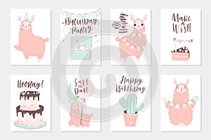 Cute pink lamas hand drawn illustrations. Set of 8 cute cards photo