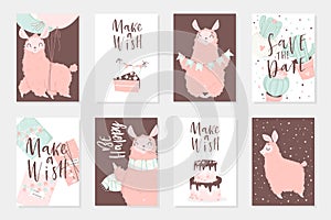 Cute pink lamas hand drawn illustrations. Set of 8 cute cards photo