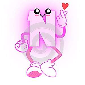 Cute Pink Letter N Cartoon Character Showing Hands With Heart Drawing