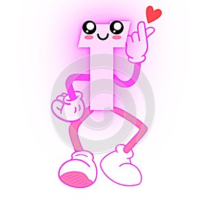 Cute Pink Letter T Cartoon Character Showing Hands With Heart Drawing