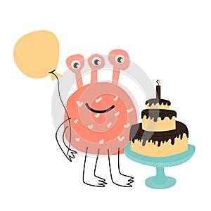 Cute pink monster with cake for anniversary card