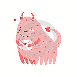 Cute pink monster holding a love letter, isolated