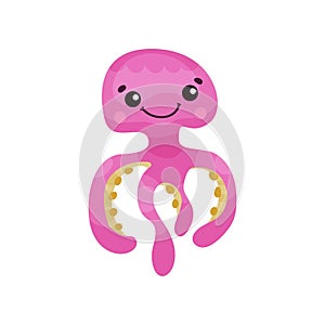 Cute pink octopus cartoon character, funny underwater animal vector Illustration