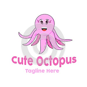 Cute pink Octopus logo mascot vector illustration design with dummy text on white background. Best suited for kid`s logo or Kinder