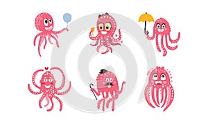 Cute Pink Octopus Set, Funny Sea Creature Character Different Activities Cartoon Vector Illustration