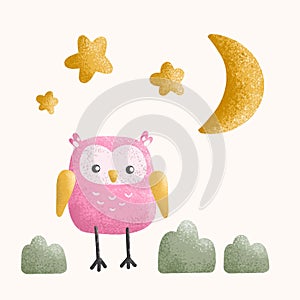 Cute pink owl with stars and crescent in vector, cartoon illustration for kids