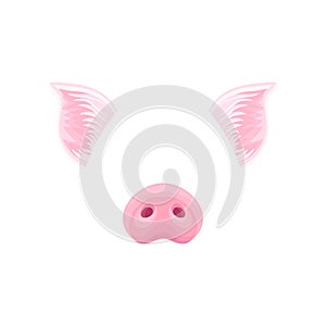 Cute pink pig s ears and nose. Funny mask of domestic farm animal. Detailed flat vector design for sticker of mobile