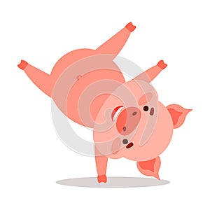Cute pink piglet character standing upside down on one arm. Vector illustration isolated on white background