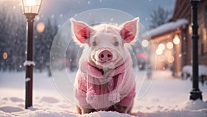 Cute pink piglet outside in the winter street