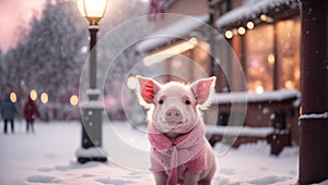 Cute pink piglet outside in the winter street