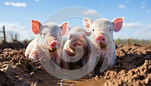 Cute pink piglets grazing in a muddy farm meadow generated by AI