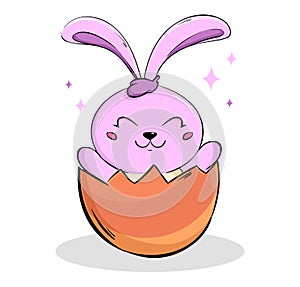 Cute pink rabbit, cartoon character sitting in eggshell.