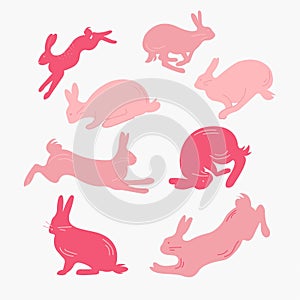 Cute pink rabbit illustration, icon,  in flat modern style