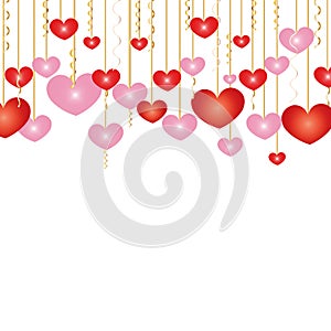 Cute pink and red hanging hearts. Happy Valentine`s day greeting card