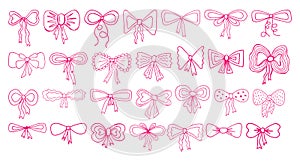 Cute pink ribbon bow outline clipart. Hand drawn line art vector preppy illustration. photo