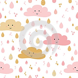 Cute pink seamless pattern background smile clouds rainy drops little girls baby wallpaper