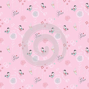 Cute pink seamless pattern with flowers, birds and ice cream.