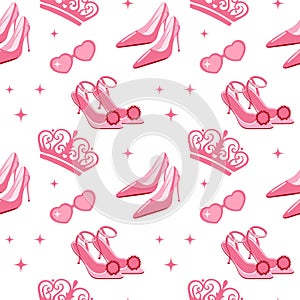 Cute pink seamless pattern with princess Barbie wardrobe details, crown, shoes, cowboy hat, kiss. Beautiful girlish wallpaper.