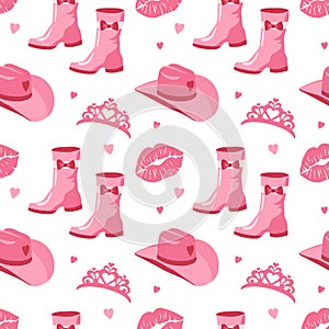 Cute pink seamless pattern with princess Barbie wardrobe details, crown, shoes, cowboy hat, kiss. Beautiful girlish wallpaper.