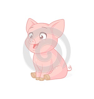 Cute pink sitting piglet. Vector illustration on white background.