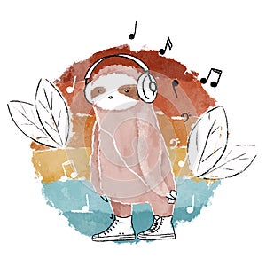 Cute pink sloth listening to the music art