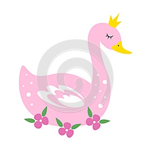 Cute pink swan in a crown with flowers. Baby animals theme for nursery room, posters etc. Baby shower girl.