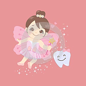 Cute pink tooth fairy with butterfly wings and magic wand. Smiling happy tooth.