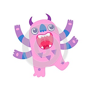 Cute Pink Toothy Monster with Big Mouth, Funny Alien Cartoon Character Fantastic Creature Vector Illustration