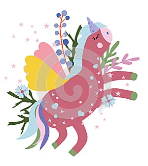 Cute pink unicorn with colorful the tail, flowers and leaves. Fantastic Unicorn in flat style. Fairy horse can be used