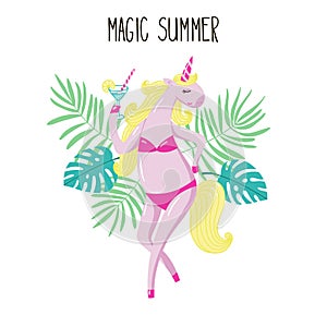 Cute pink unicorn girl in a swimsuit with a glass of martini.