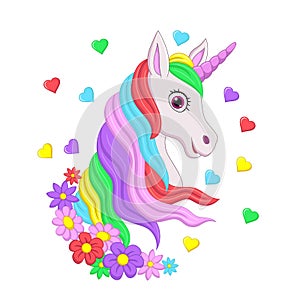 Cute pink unicorn head with rainbow mane, flowers and hearts