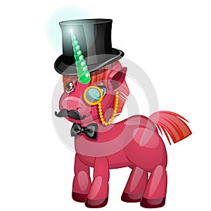 Cute pink unicorn pony with a green jade horn with top hat and mustaches isolated on white background. Vector cartoon