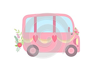 Cute Pink Vintage Van Decorated with Ribbons, Flowers and Hearts, Romantic Wedding Retro Mini Bus, Side View Vector