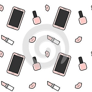 Cute pink white black smartphone nail polish lipstick and lips seamless pattern background illustration