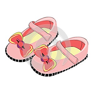 Cute pink and yellow baby shoes for little girl with red ribbon. Vector illustration on white background