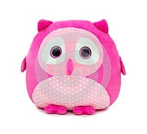 Cute pinky owl doll isolated on white background with shadow reflection. Owl the bird of prey on white backdrop.