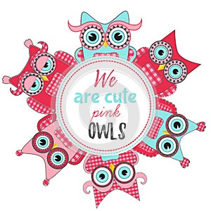 Cute pinl owls vector set as text border