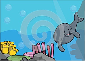 Cute Pinniped Underwater Scenery Color Illustration