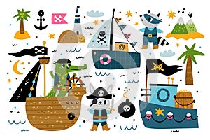 Cute pirate boat. Sailors characters. Animals mariners. Sailing ships. Captains with bandages and hats. Tropical islands