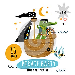 Cute pirate card. Funny sailors with marine elements. Sailing ships and corsair Capitan. Filibuster sailboat. Crocodile