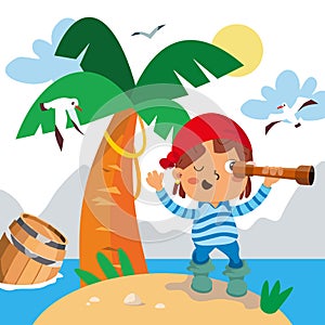 Cute pirate on desert island. Scene, background for games, puzzles. Ocean, palm tree, nature. Vector illustration.